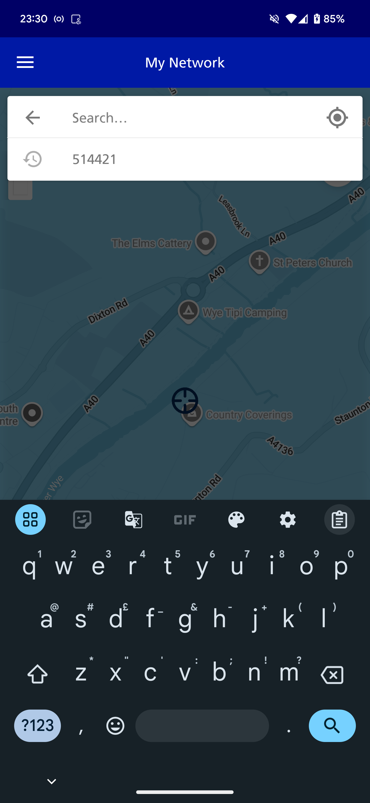 Shows a search box which had just searched 514421 in My Network and was positioned in an area by the A40 in Monmouth